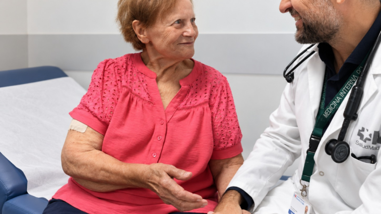 Imagen del doctor Llácer con una paciente en el Hospital Universitario Ramón y Cajal